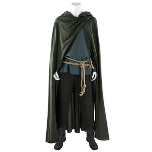 Full front view of Dunk cosplay costume with dark green hooded cloak, blue tunic, rope belt, and black pants.