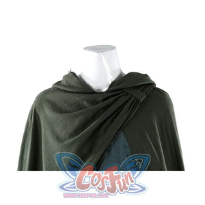 Close-up of Dunk cosplay green cloak draped over mannequin shoulders, showing fabric drape and texture.