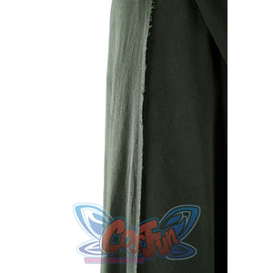 Close-up of Dunk cosplay green cloak edge showing raw frayed seam and fabric weave texture detail.