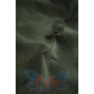Macro close-up of Dunk cosplay dark green cloak fabric showing wrinkled texture and visible seam line.