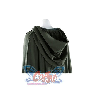 Close-up of Dunk cosplay green cloak hood from behind, showing gathered fabric and hood construction.