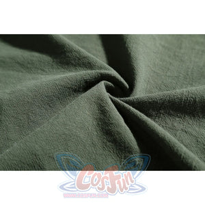 Close-up of Dunk cosplay dark olive-green cloak fabric showing natural linen-like weave and texture.