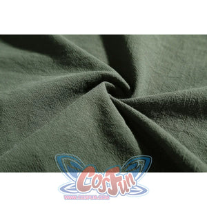 Close-up of Dunk cosplay dark olive-green cloak fabric showing natural linen-like weave and texture.