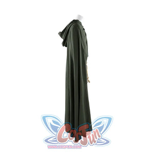 Side profile view of Dunk cosplay green hooded cloak on mannequin, showing full length and silhouette.