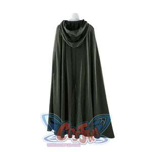 Full back view of Dunk cosplay dark green hooded cloak on mannequin, showing complete length from hood to hem.