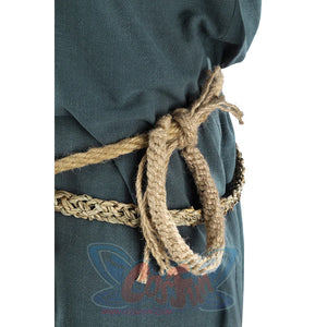 Macro close-up of Dunk cosplay braided rope belt tied in a bow knot at the waist of the blue tunic.
