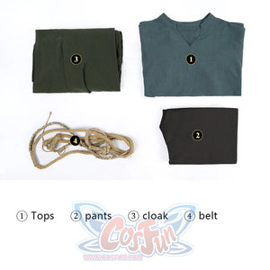 Dunk cosplay costume set flat lay with numbered labels: tops, pants, cloak, and belt all included.