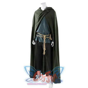 Side view of Dunk cosplay costume showing green cloak over shoulder, blue tunic, rope belt, and black pants.