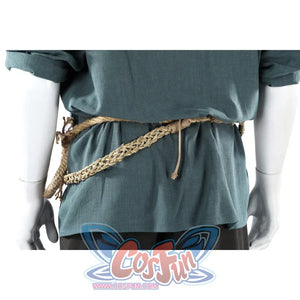 Mid-section view of Dunk cosplay blue tunic with braided rope belt loosely tied at the waist area.