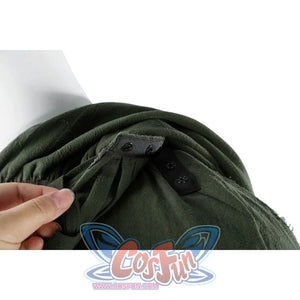 Hand holding Dunk cosplay green cloak collar open to show snap button fastening detail at neckline.