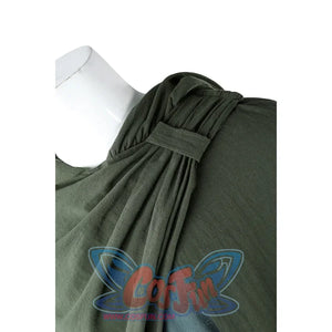 Close-up of Dunk cosplay green cloak gathered and knotted at the shoulder, showing drape detail.