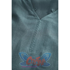 Macro view of Dunk cosplay blue tunic V-neckline showing fine stitching and linen fabric weave texture.