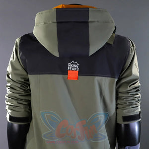 Back view of Kyle Crane cosplay costume hoodie featuring HIKING PEAKS logo, orange hood lining, and wrapped forearms