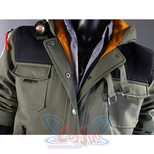 Detailed view of Kyle Crane cosplay costume olive green jacket with multiple chest pockets, waist bag, and orange shoulder accents
