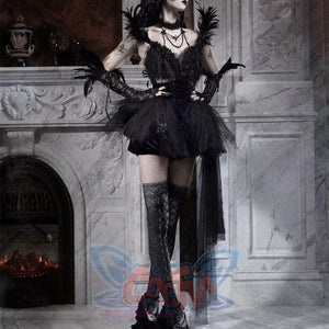 Elegy Day Gothic Feather Rhinestone Velvet Dress