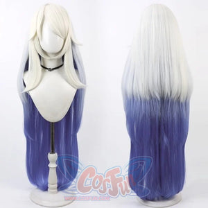 Hazbin Hotel Emily cosplay wig, front and back views showing long white to blue gradient hair