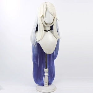Hazbin Hotel Emily cosplay wig, long white to blue gradient, side view showing full hair length
