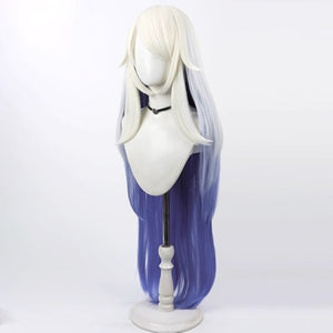 Hazbin Hotel Emily cosplay wig, long white to blue gradient hair, angled view on mannequin