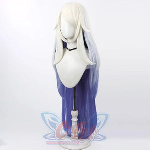 Hazbin Hotel Emily cosplay wig, long white to blue gradient hair, angled view on mannequin