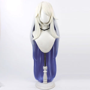 Hazbin Hotel Emily cosplay wig, long white to deep blue gradient hair, front view on mannequin