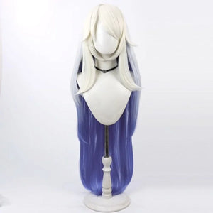 Hazbin Hotel Emily cosplay wig, long white to deep blue gradient hair, front view on mannequin