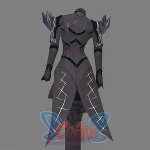 Rear view of the 3D render for White Queen cosplay armor, highlighting the back design with glowing patterns, blue trim, and crystal shoulder accents.