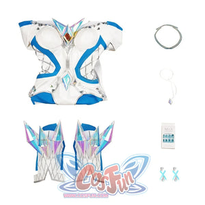 Arranged display of all parts for Emma Frost’s White Queen cosplay, including the bodysuit, crystal shoulder pieces, accessories like necklace and earrings, showcasing the full set.