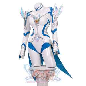 Another full front perspective of Emma Frost’s White Queen cosplay, highlighting the symmetrical crystal armor and blue-trimmed design.