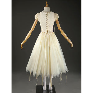 Enid Sinclair cosplay costume rear view with detailed corset lacing and puff sleeves