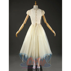 Enid Sinclair cosplay costume rear view with detailed corset lacing and puff sleeves