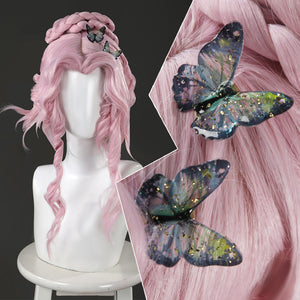 Enid Sinclair cosplay costume pink wig with butterfly hair accessories detail shot