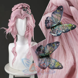 Enid Sinclair cosplay costume pink wig with butterfly hair accessories detail shot