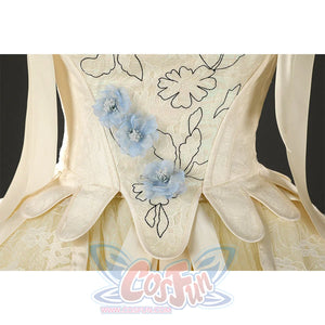 Enid Sinclair cosplay costume bodice embroidery detail with blue flowers and vine pattern