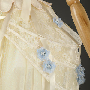 Enid Sinclair cosplay costume waist detail with satin ribbons and blue floral appliques