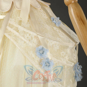 Enid Sinclair cosplay costume waist detail with satin ribbons and blue floral appliques