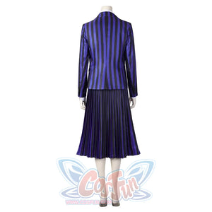Back view of the Nevermore Academy cosplay suit, featuring the blazer’s striped pattern and pleated skirt design, against a plain white background.