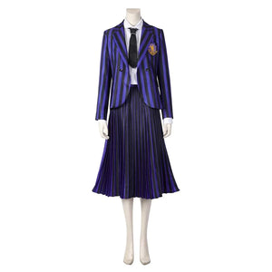 Mannequin showcases the complete Nevermore Academy cosplay costume, featuring a purple - black striped blazer, white shirt, black tie, and pleated skirt, against a plain white background.