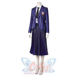 Another front view of the Nevermore Academy cosplay attire, highlighting the blazer’s fit, skirt pleats, and coordinated shirt - tie combo, set against a white backdrop.