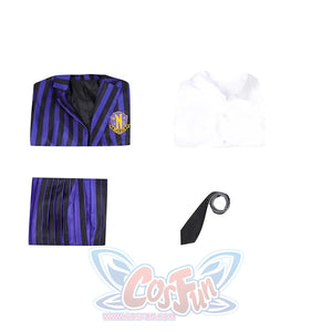 Display of the Nevermore Academy cosplay costume components: striped blazer, white shirt, pleated skirt, and black tie, laid out against a plain white background.