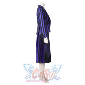 Side perspective of the Nevermore Academy cosplay suit, showcasing the blazer’s length, skirt silhouette, and overall fit, with a plain white background.