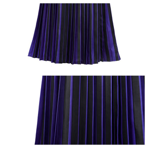 Dual close - up of the Nevermore Academy cosplay pleated skirt, showcasing fabric texture and stripe pattern, against a plain white background.