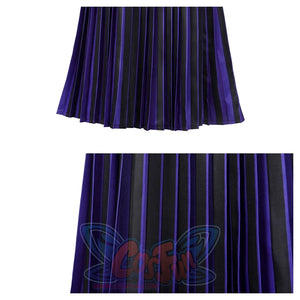 Dual close - up of the Nevermore Academy cosplay pleated skirt, showcasing fabric texture and stripe pattern, against a plain white background.