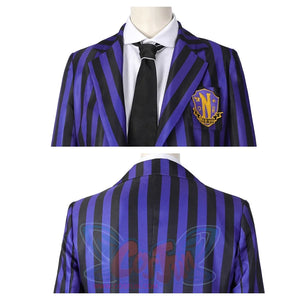 Dual close - up of the Nevermore Academy cosplay blazer: front view showing the emblem, shirt, and tie, and back view of the striped pattern, against a plain white background.
