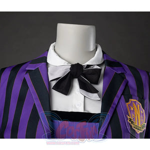 TV Enid Sinclair School Uniform Cosplay Costume close-up of collar, the shirt is simple in design and has a black bow tie at the collar.