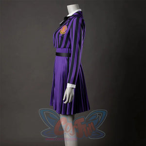 TV Enid Sinclair School Uniform Cosplay Costume purple and black outfit, side view, emphasizes the body curve.