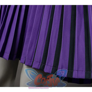 TV Enid Sinclair School Uniform Cosplay Costume, close up of dress, showing purple and black stripes.