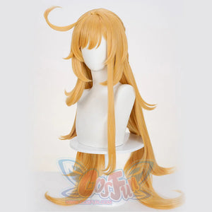 Genshin Impact Escoffier cosplay wig frames the face with soft bangs and a top curl detail.
