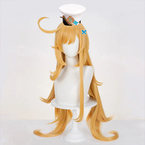 COSFUN Genshin Impact Escoffier cosplay wig pairs a blue X hair pin and white accent hat.