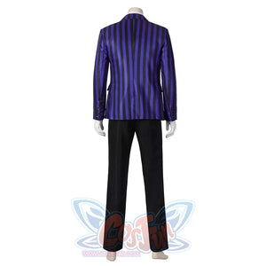 Back view of the Eugene Otinger cosplay suit, featuring the blazer’s striped pattern and pant design, against a plain white background.