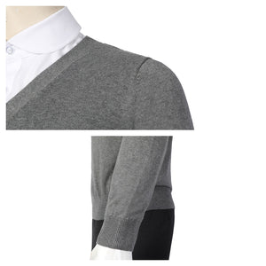 Close - up of the gray cardigan from the Eugene Otinger cosplay casual look, highlighting fabric texture and fit, against a plain white background.
